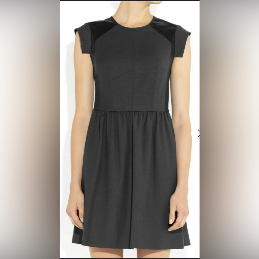 Rebecca Taylor Charcoal Leather Trimmed Short Sleeve Dress Size 10